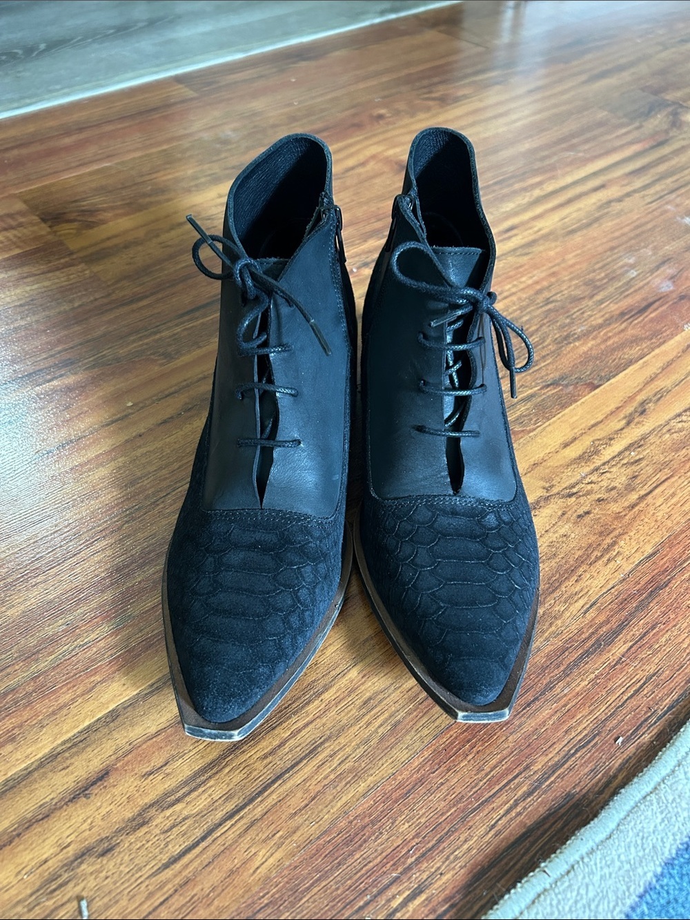 Free People Black Suede Snakeskin Lace Up Ankle Bootie